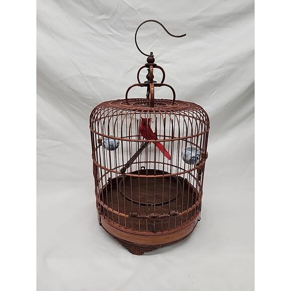 Vintage Chinese Bamboo Song Bird Bird Cage Porcelain Feed Bowls Handcrafted